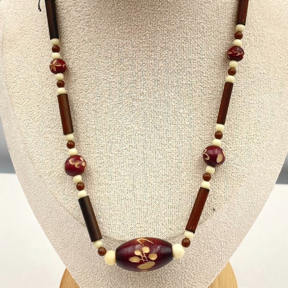 Vintage‎ Handcrafted Wood Resin Beaded Choker Necklace Brown Cream Earthy Retro